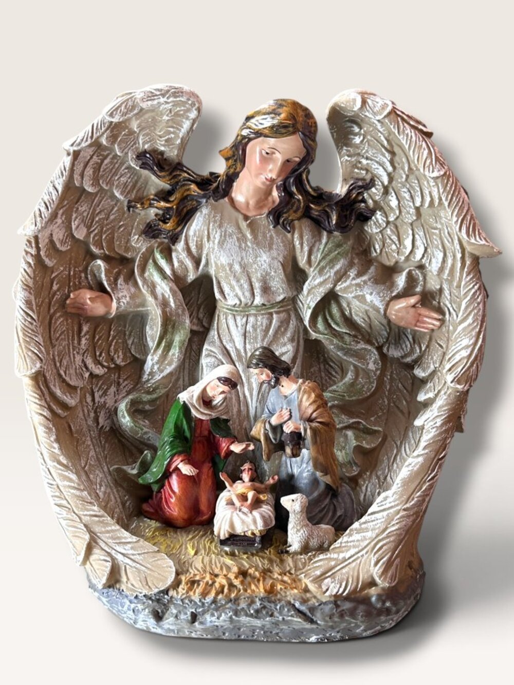 Guardian Angel Nativity Scene Figurine With Mary Joseph & Baby Jesus In Ivory &